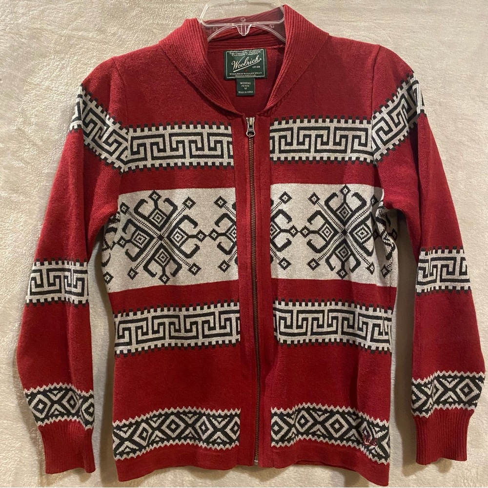 Woolrich Jacket Women’s Medium Wine Full Zip Sweater Cardigan Aztec Southwest